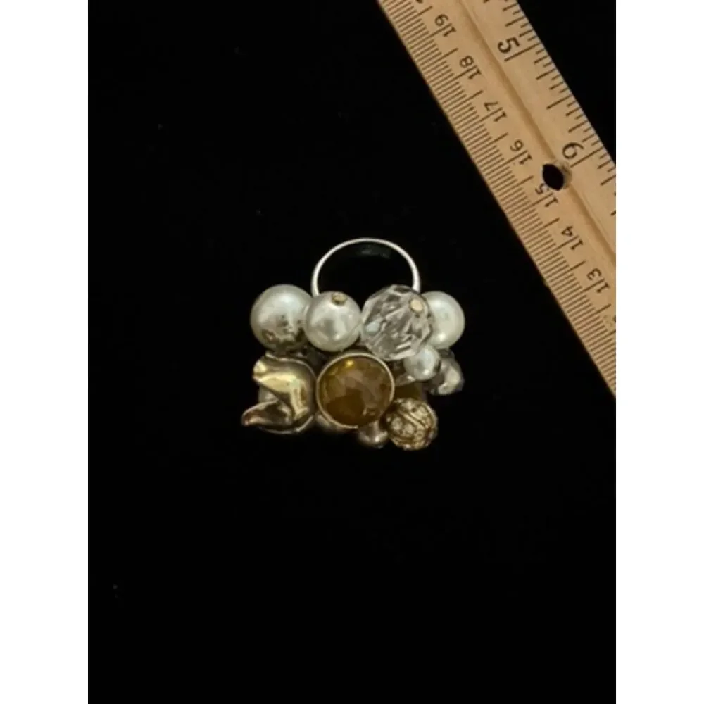 Vintage gold toned Faux Pearl and gemstone cluster Statement ring